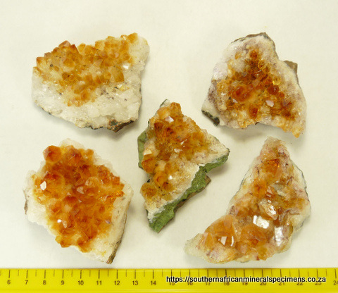 Five citrine quartz specimens (heat-treated) from Brazil