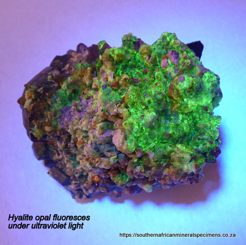 Hyalite opal, schorl, smoky quartz and feldspar