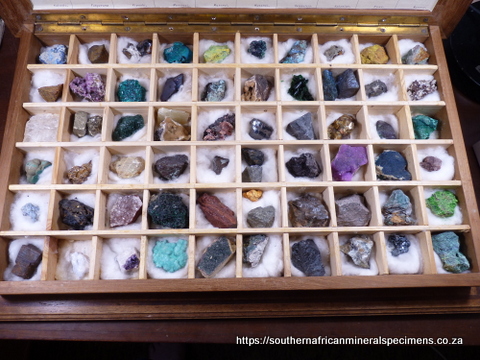 Collector's wooden display box with 60+ different mineral specimens